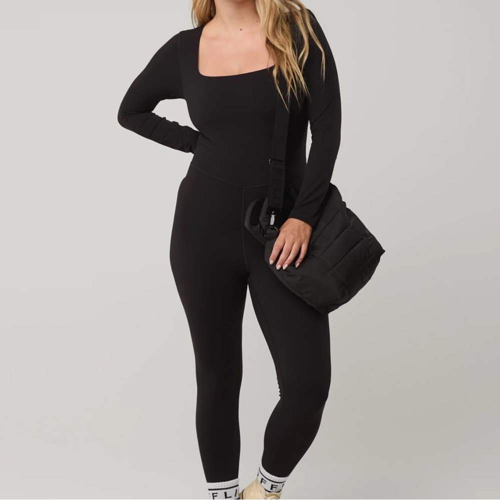 aerie Black Long-Sleeve Square-Neck Jumpsuit
